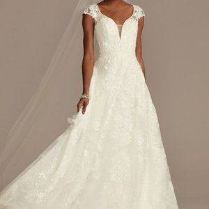 David's Bridal Cap Sleeve 3d Floral Lace Open Back Wedding Dress, Size 6